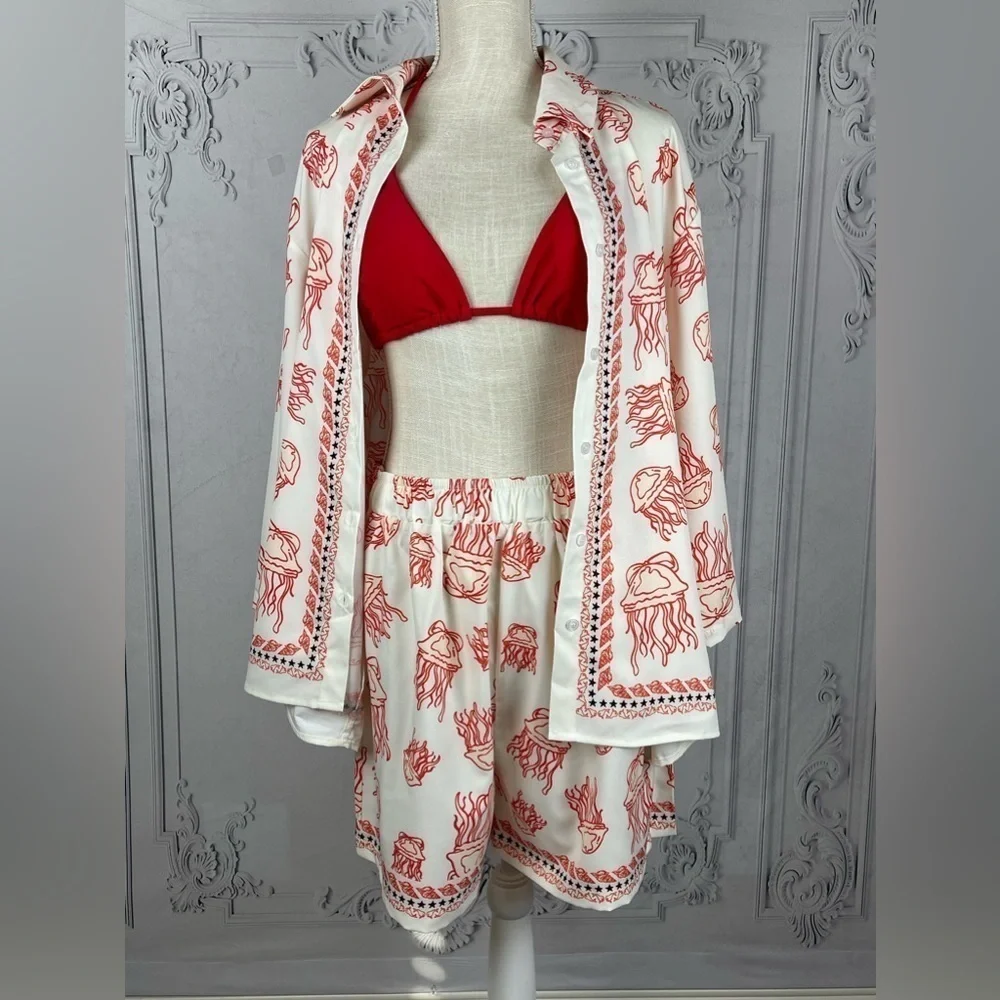 Casual Jellyfish blouse & Shorts Loose Fit Sea Life Print Beach Coverup - Picture 7 of 16